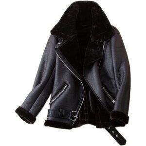 Women Black Faux Shearling Moto Jacket Thick Lined Winter Leather Coat Parka